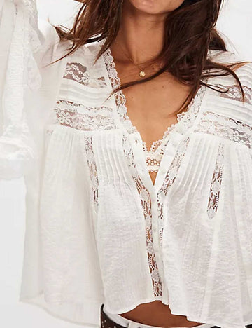 Ladies Solid Color Eyelets Ruffle Lace Blouse
