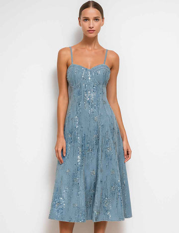 Ladies Sequin Sweetheart Neckline Sleeveless Denim Midi Dress