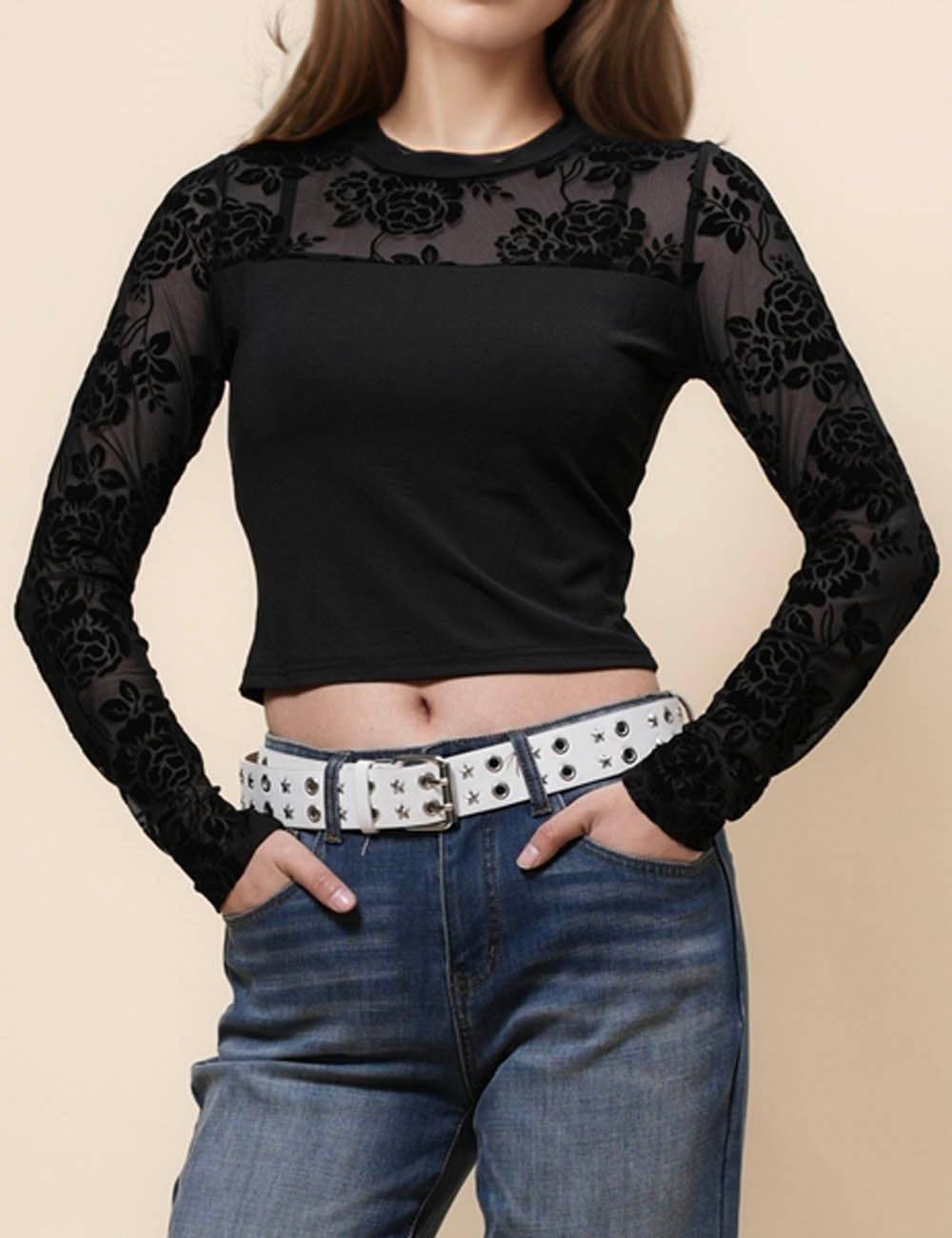 Ladies Floral See Sheer Sleeves Pullover Blouse SKT4978