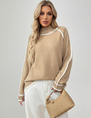 Ladies Color Block Mock Neck Long Sleeves Knit Sweater