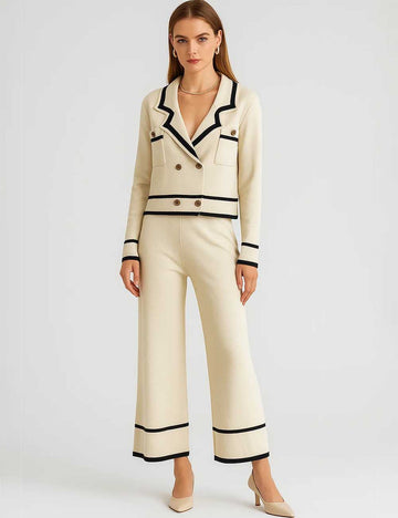 Ladies Color Block V-Neck Knit Top & Pants Set
