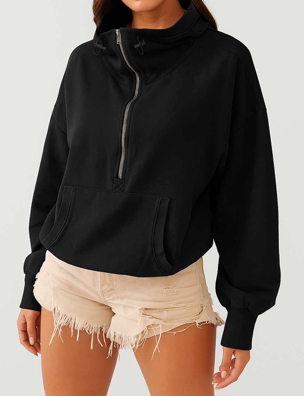 Ladies Long Sleeves Zip Collar Pocket Hoodie EWQD