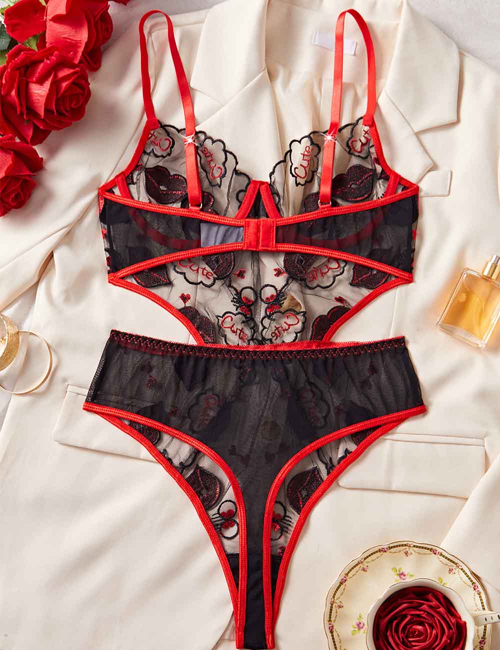 Ladies Lip Embroidery Sheer Mesh Cut-Out Lingerie Teddy