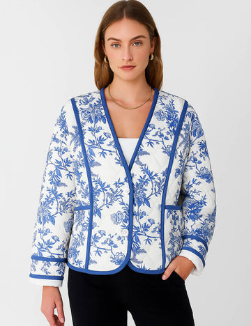 Ladies Floral Print V-Neck Button Front Cotton Padded Jacket