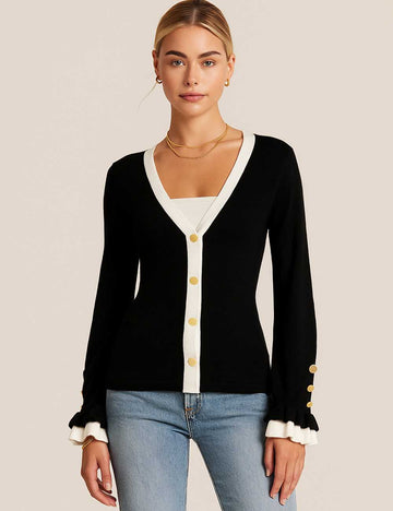 Ladies Color Block V-Neck Ruffled Sleeves Knit Top