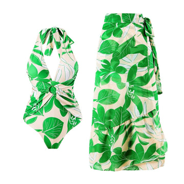 Green Floral One Piece Swimwear with Cover Y166 - SWEETKAMA