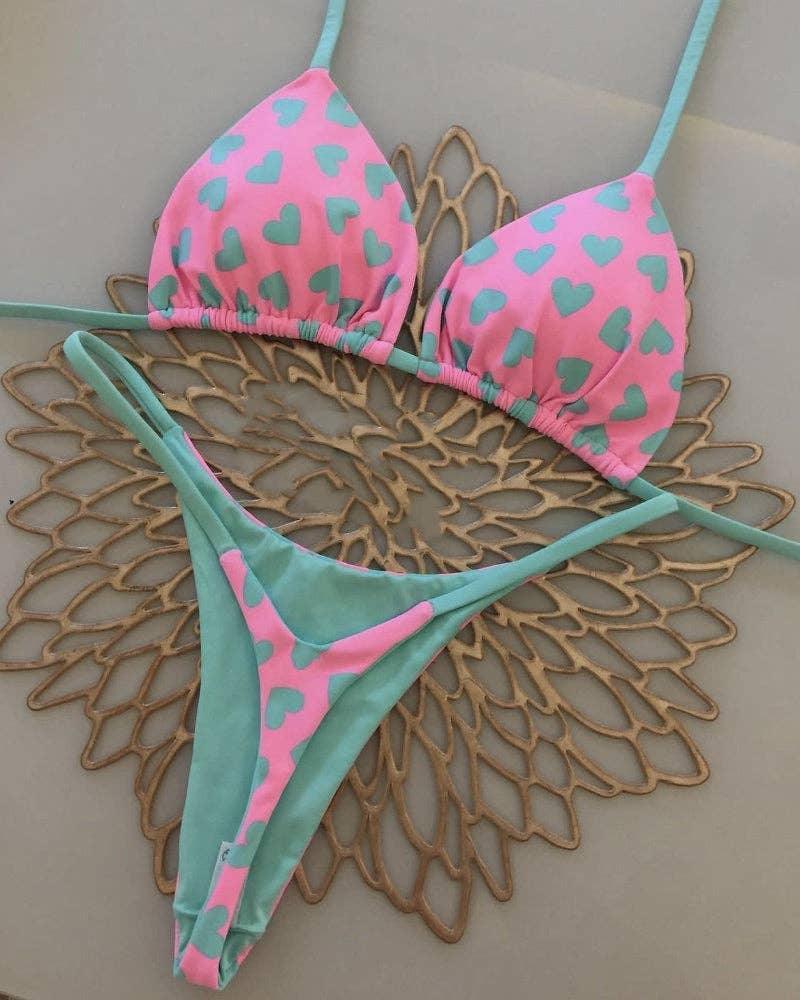 Heart Print Backless Two-Piece Beased Bikini Set 9210 - SWEETKAMA