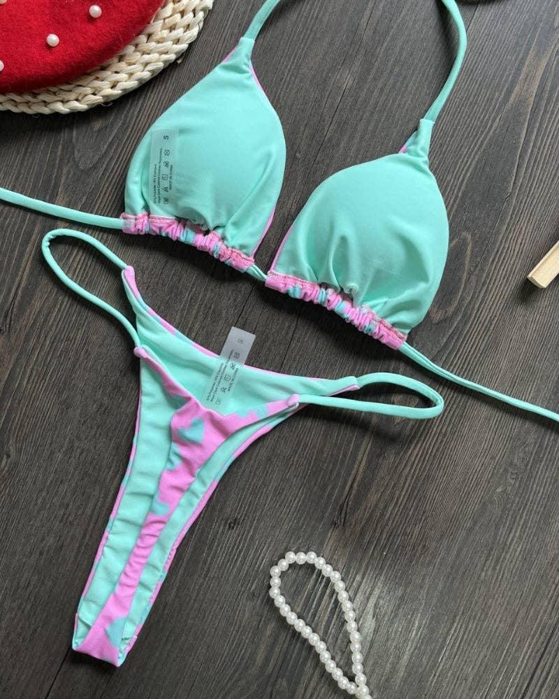 Heart Print Backless Two-Piece Beased Bikini Set 9210 - SWEETKAMA