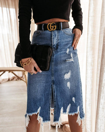 High Waist Distressed Split Daily Denim Midi Skirt SKS6697 - SWEETKAMA