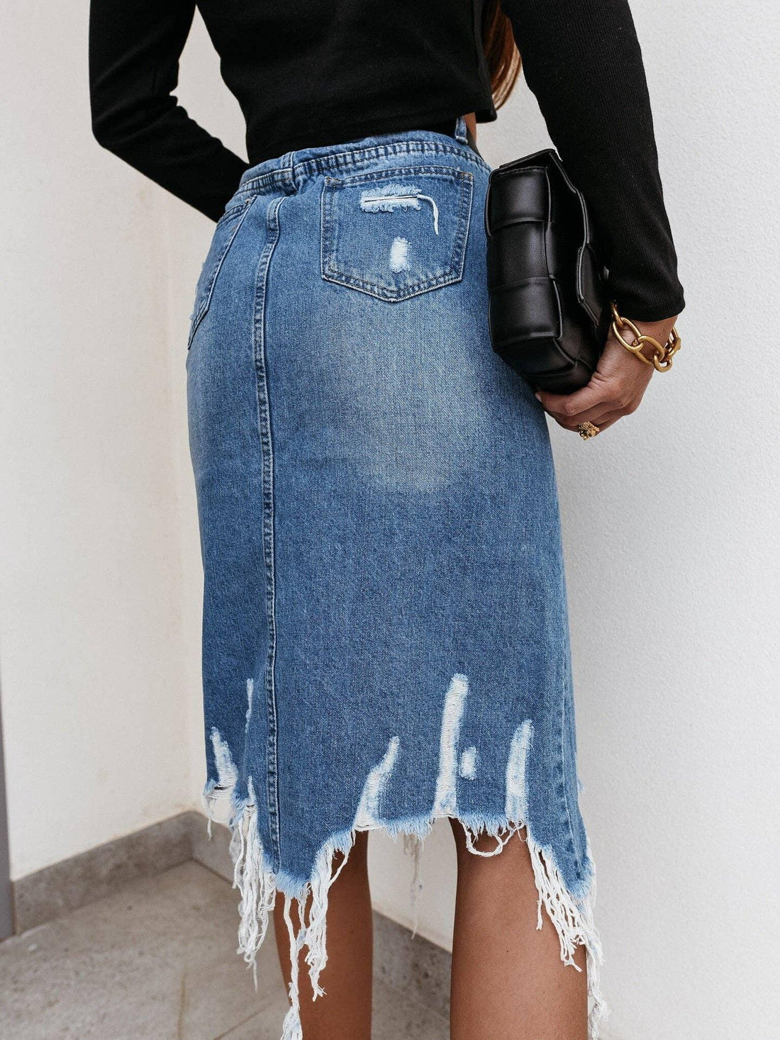 High Waist Distressed Split Daily Denim Midi Skirt SKS6697 - SWEETKAMA