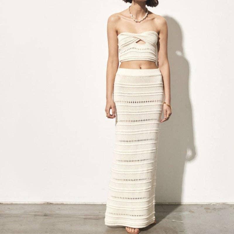 Hollow Out Top Long Skirt Knit Set T2166 - SWEETKAMA