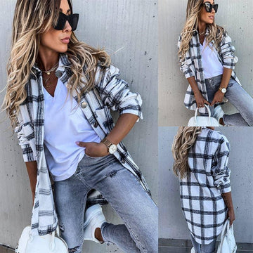 Ladies Botton Open Turndown Collar Plaid Shirt 9965 - SWEETKAMA
