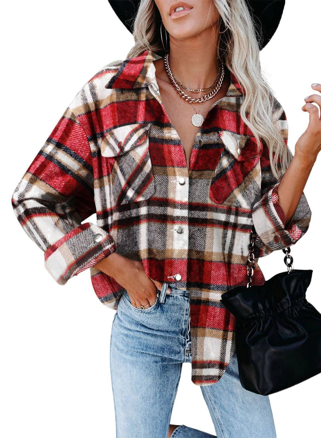 Ladies Color Block Long Sleeves Plaid Shirt FF-80193 - SWEETKAMA