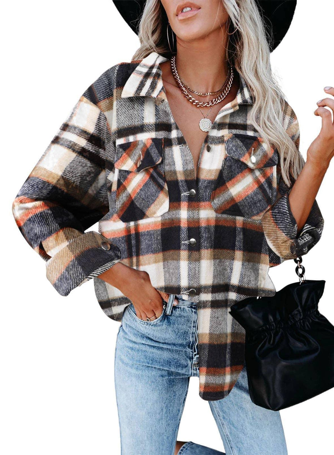 Ladies Color Block Long Sleeves Plaid Shirt FF-80193 - SWEETKAMA