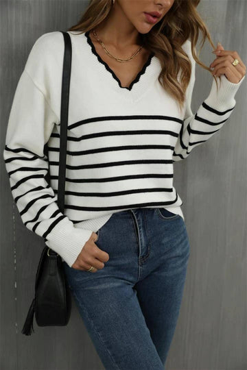 Ladies Color Block Long Sleeves V-Neck Knit Top T9108 - SWEETKAMA