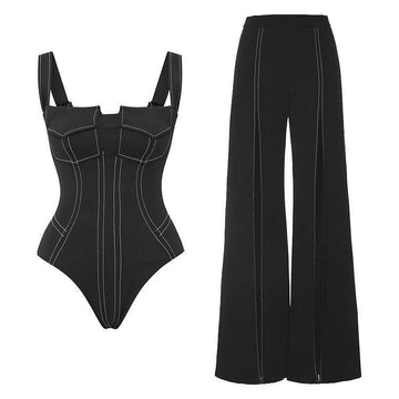 Ladies Color Block One Piece Swimwear with Pants Y361 - SWEETKAMA