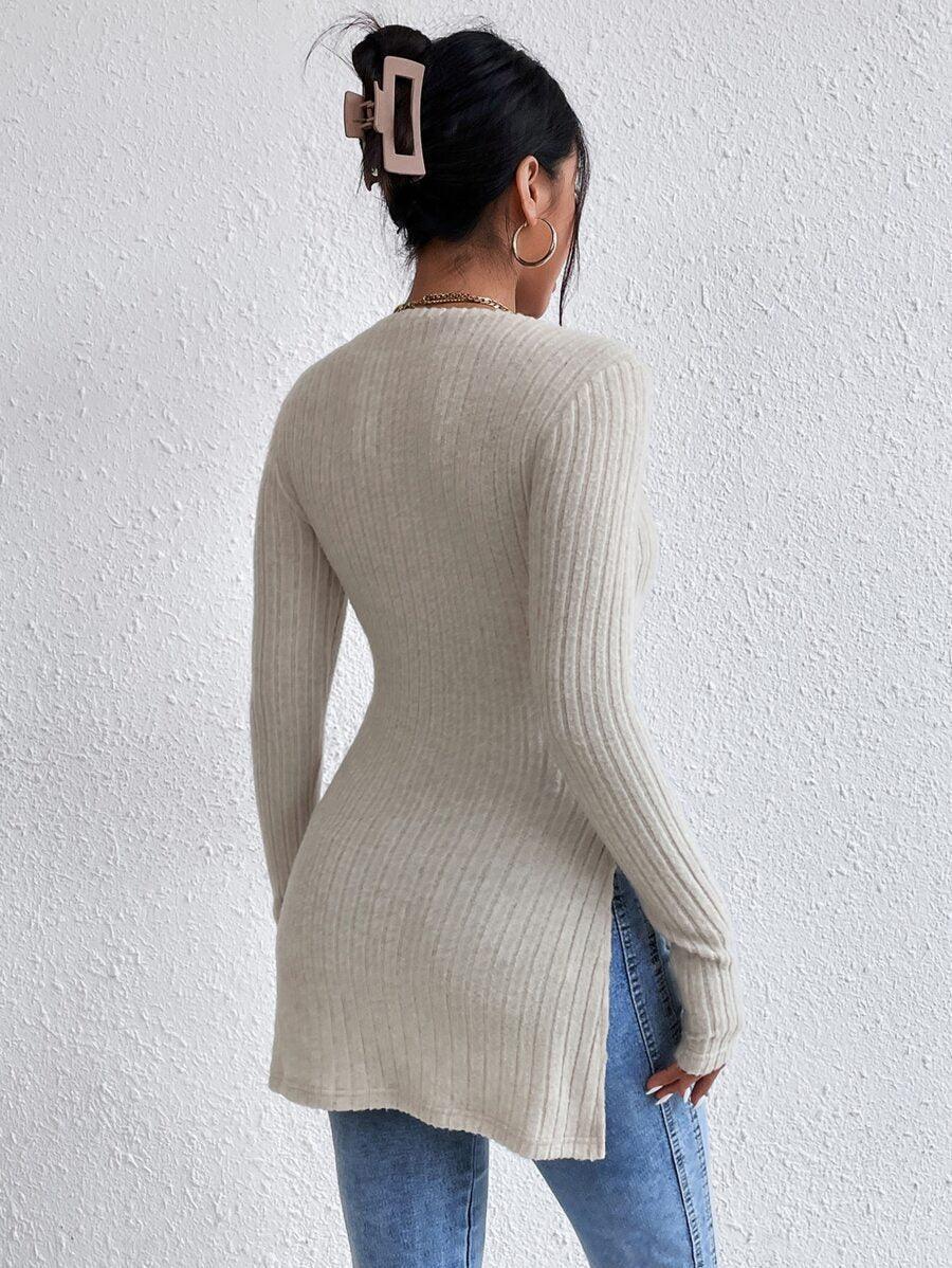 Ladies Crew Neck Split Hem Knit Sweater G2005 - SWEETKAMA