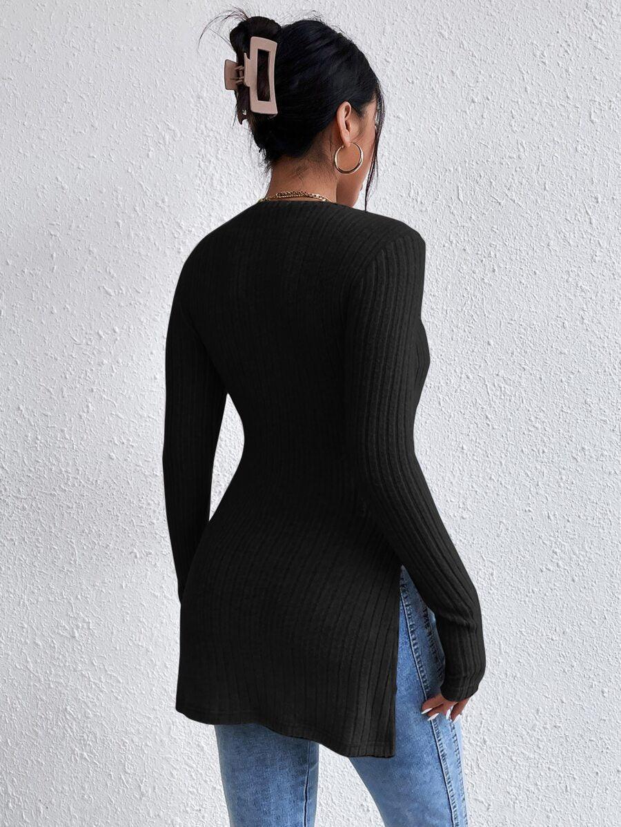 Ladies Crew Neck Split Hem Knit Sweater G2005 - SWEETKAMA