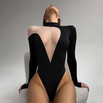 Ladies Deep V-Neck See Through Long Sleeves Teddy HT0913 - SWEETKAMA