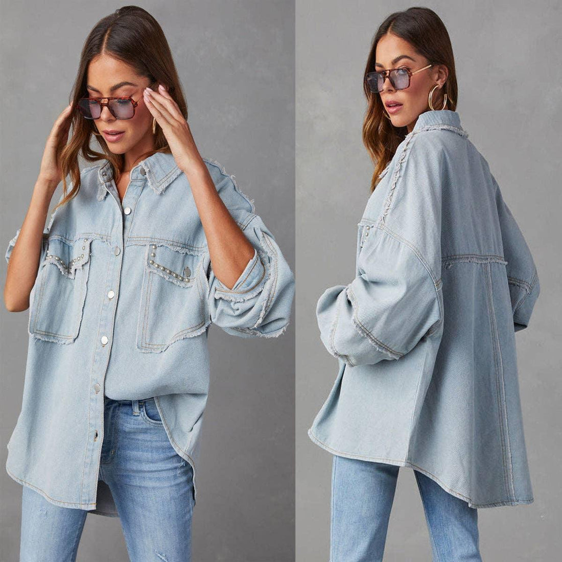 Ladies Denim Pockets Lapel Metal Loose Shirt 32131 - SWEETKAMA