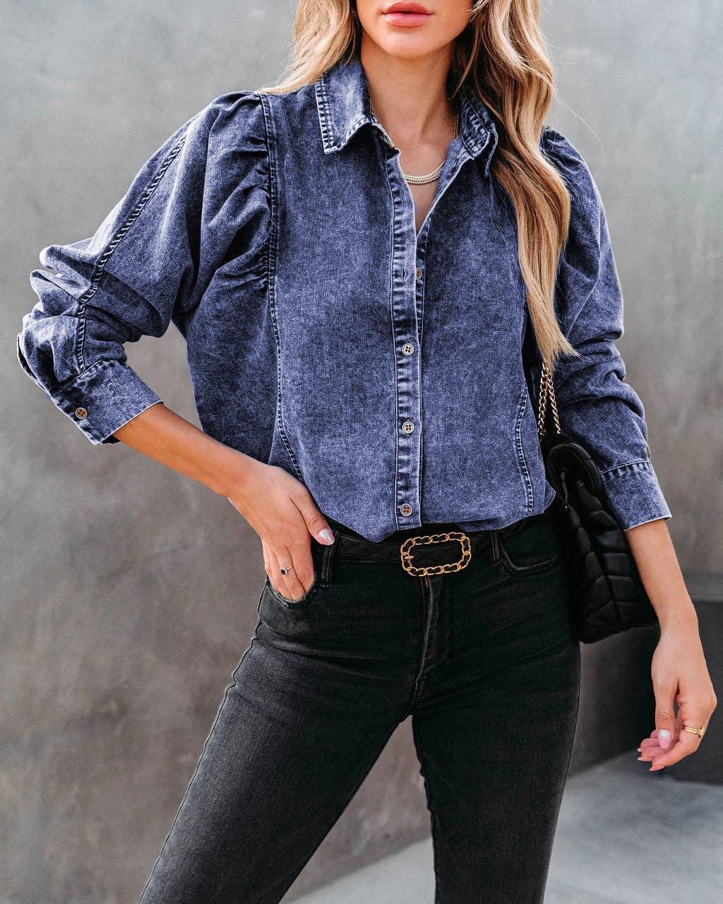 Ladies Denim Pockets Lapel Puff Sleeves Shirt 657 - SWEETKAMA
