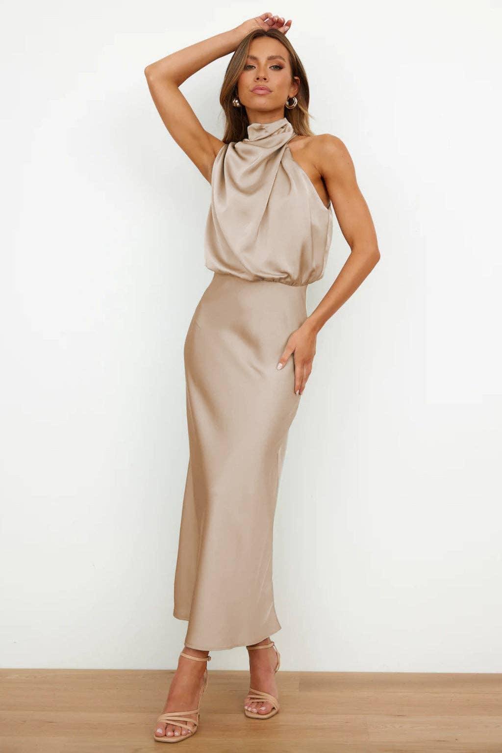 Ladies Eleganr Sleeveless Satin Midi Dress GQQT - SWEETKAMA