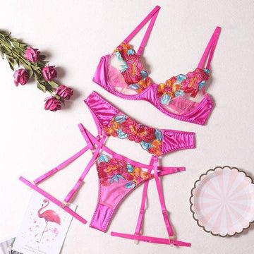 Ladies Floral Embroidery Lingerie Set with Garter Belt R1154A - SWEETKAMA