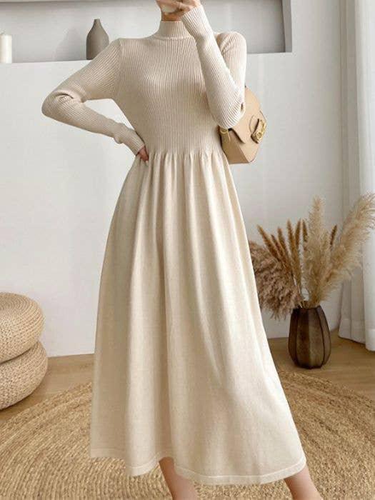 Ladies Half High Collar Midi Knit Dress 1258i057 - SWEETKAMA