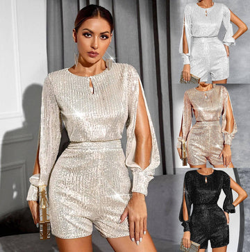 Ladies Jumpsuit Sequined Split Long Sleeve Romper R9065 - SWEETKAMA