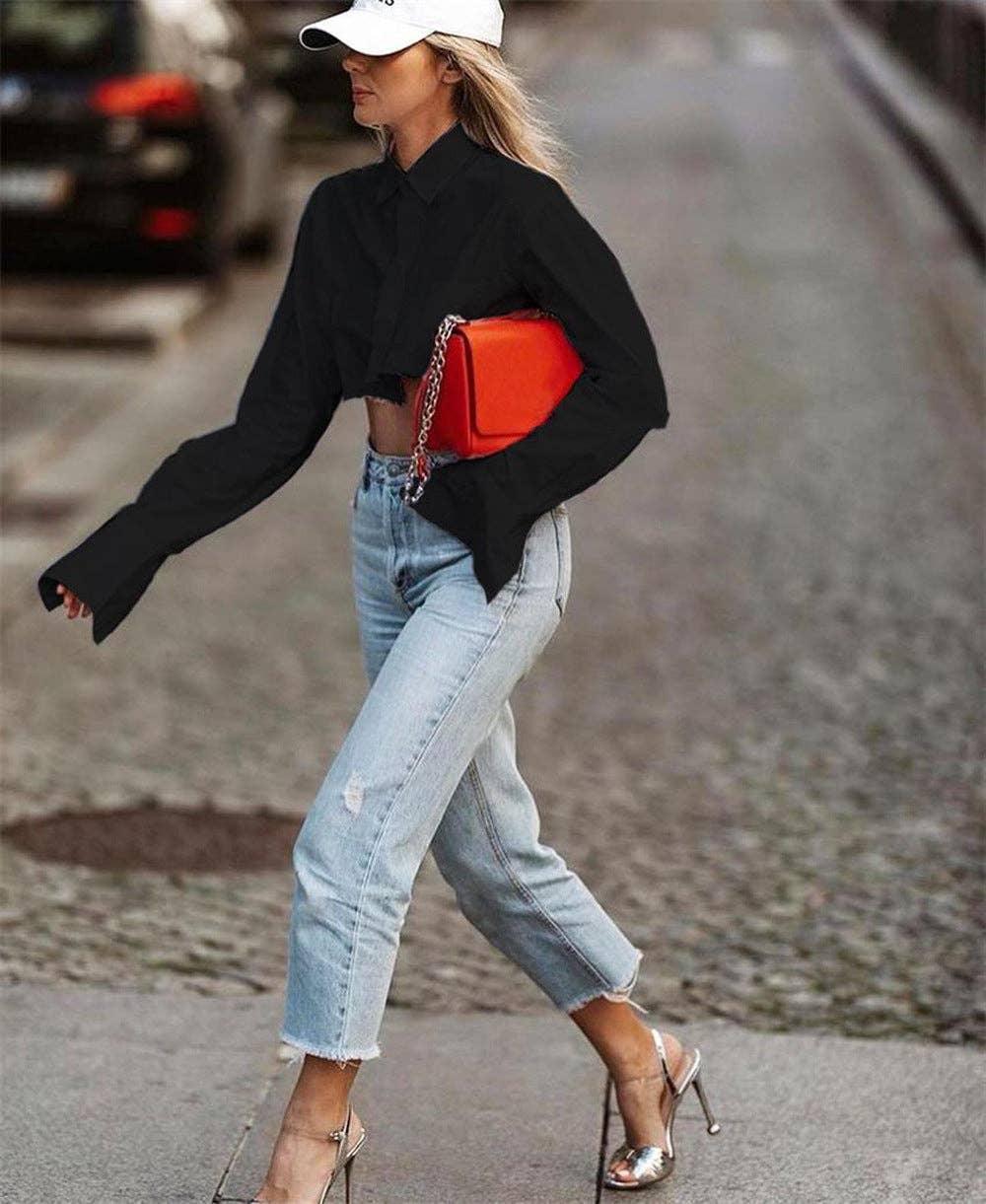 Ladies Lapel Pocket Botton Down Crop Shirt W0306 - SWEETKAMA