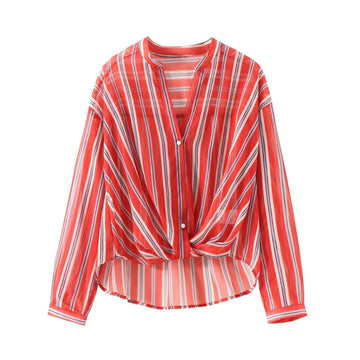 Ladies Long Sleeves Red + White Stripe Shirt K71245 - SWEETKAMA