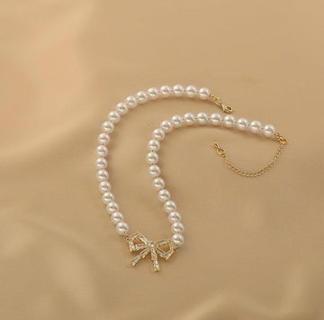 Ladies Lux Fake Pearl Bowknot Necklace SKAJ015 - SWEETKAMA