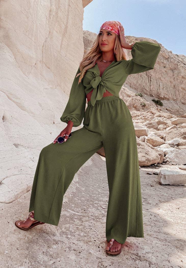 Ladies Mid Lantern Sleeves Daily Top Pants 2PCS Set GZN - SWEETKAMA