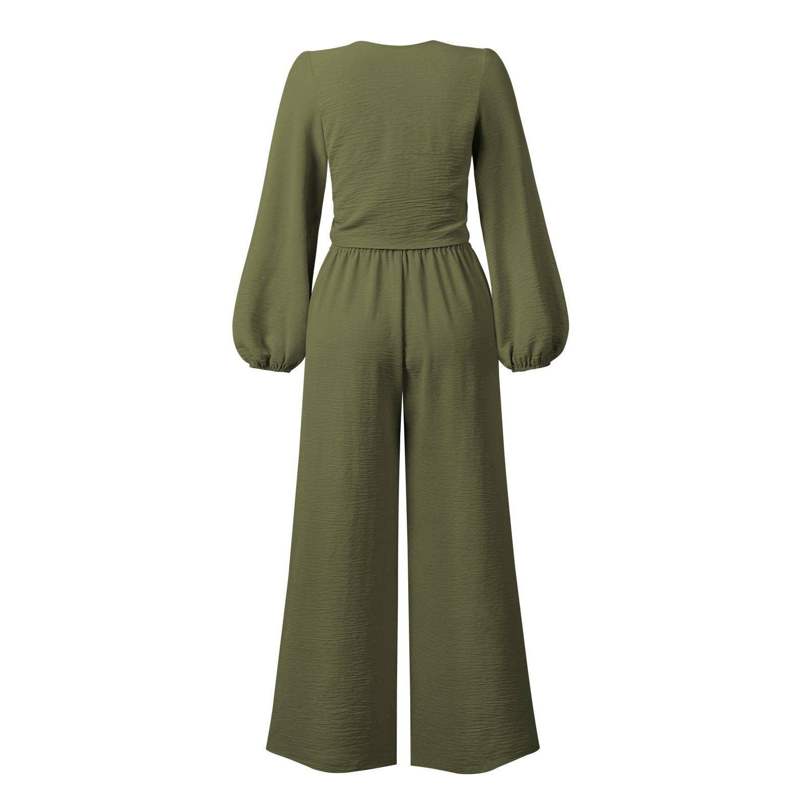 Ladies Mid Lantern Sleeves Daily Top Pants 2PCS Set GZN - SWEETKAMA