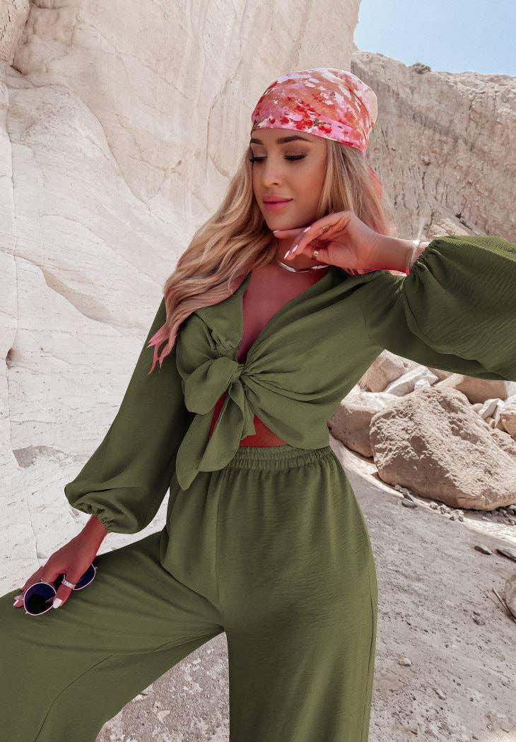 Ladies Mid Lantern Sleeves Daily Top Pants 2PCS Set GZN - SWEETKAMA