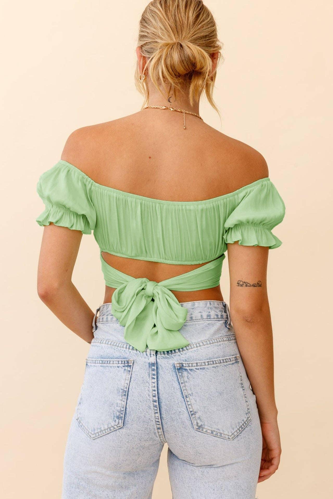 Ladies Off Shoulder Solid Color Daily Crop Top GSCA - SWEETKAMA