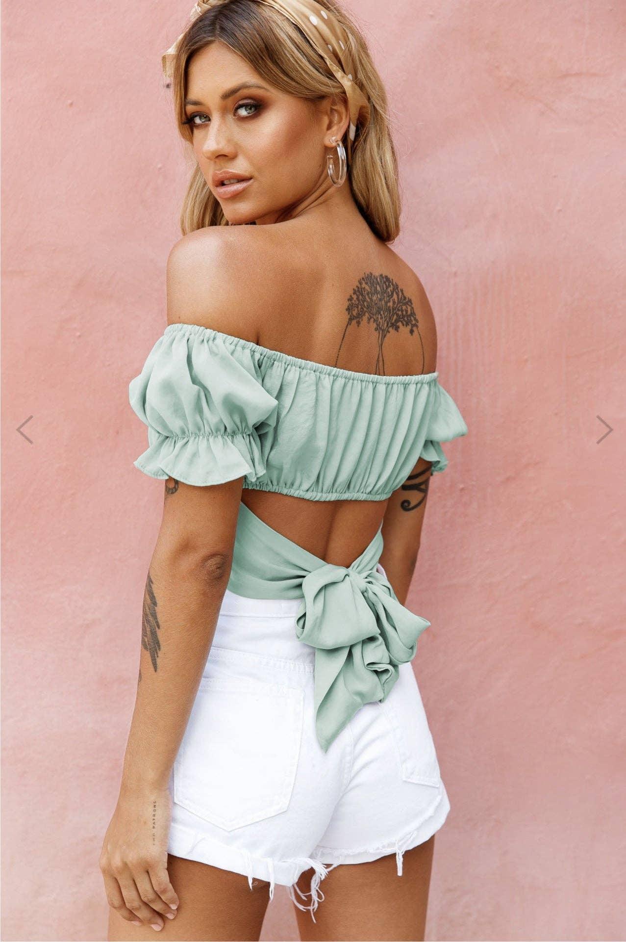 Ladies Off Shoulder Solid Color Daily Crop Top GSCA - SWEETKAMA