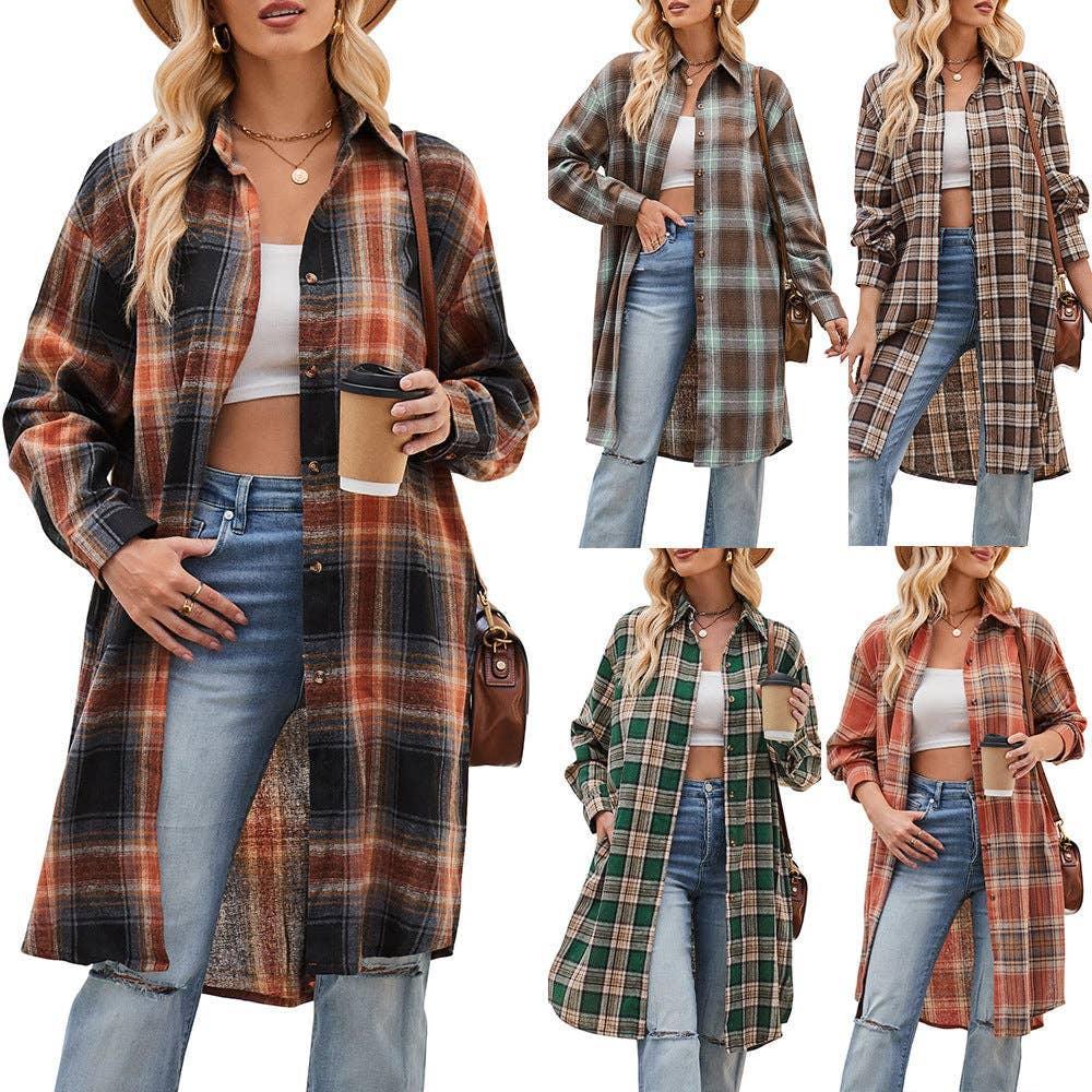 Ladies Plaid Lapel Long Sleeves Casual Shirt 6831 - SWEETKAMA