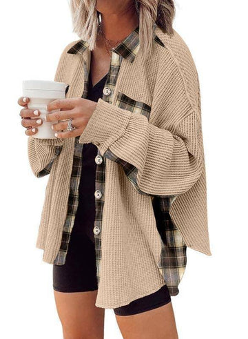Ladies Plaid Waffle Splice Botton Down Shirt 6832