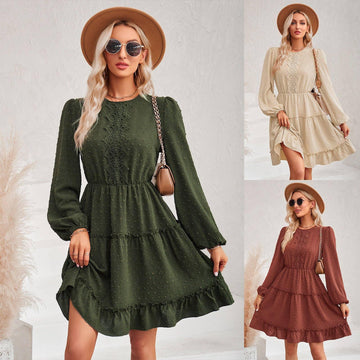 Ladies Round Neck Lace Daily Short Dress 233LQ53576-SN18 - SWEETKAMA