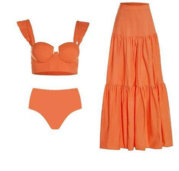 Ladies Ruffle Shoulder Straps Bikini Set with Skirt Cover Y198 - SWEETKAMA