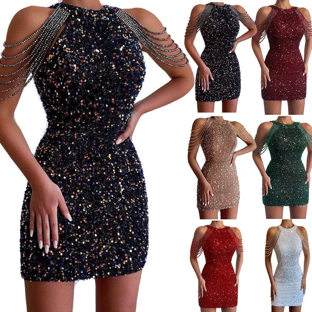 Ladies Sequin Beads Sleeveless Halter Mini Dress 129555 - SWEETKAMA