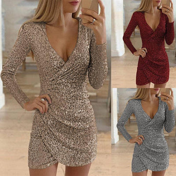 Ladies Sequin V-Neck Long Sleeves Mini Dress WT03