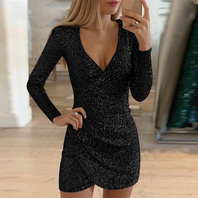 Ladies Sequin V-Neck Long Sleeves Mini Dress WT03