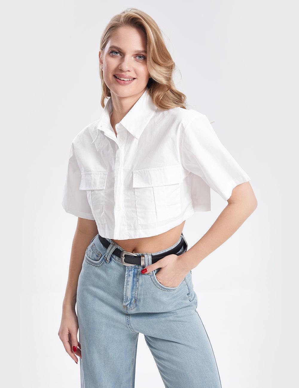 Ladies Short Sleeves Pockets Basic White Crop Shirt SKT283 - SWEETKAMA