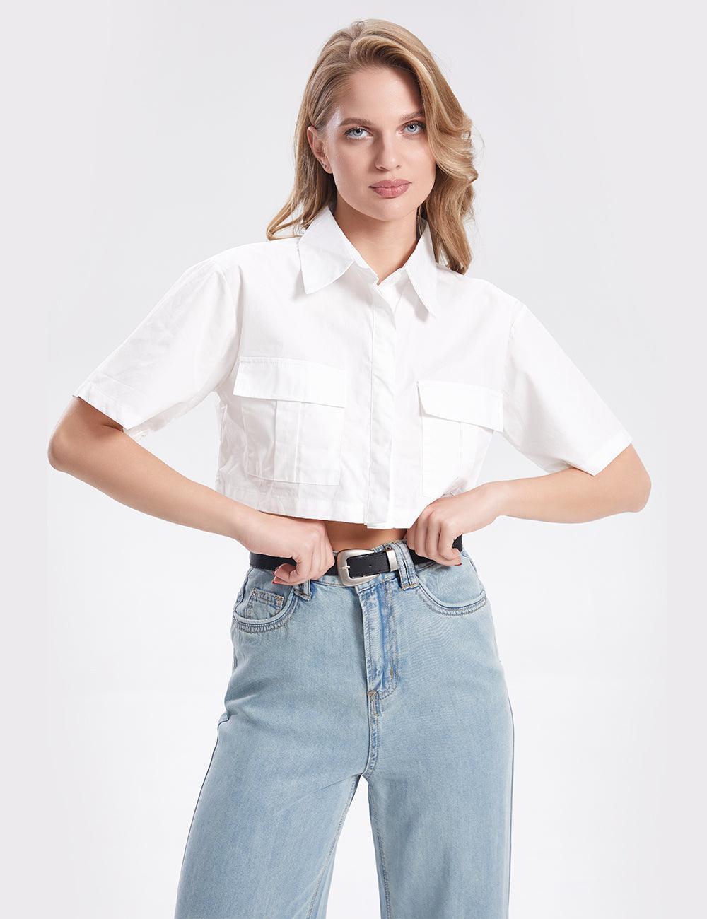 Ladies Short Sleeves Pockets Basic White Crop Shirt SKT283 - SWEETKAMA