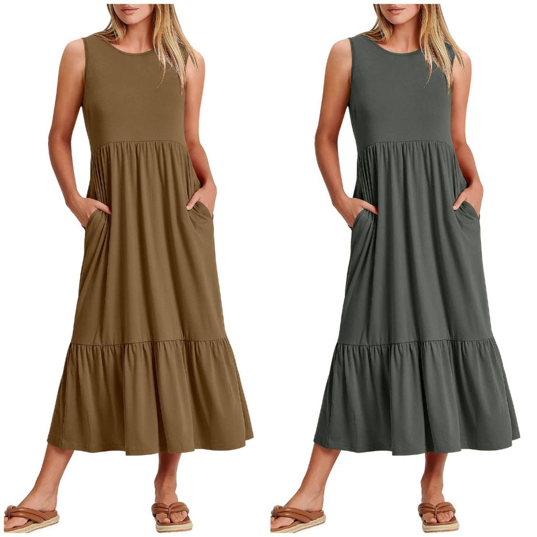 Ladies Sleeveles Pockets Simple Midi Dress 9123 - SWEETKAMA