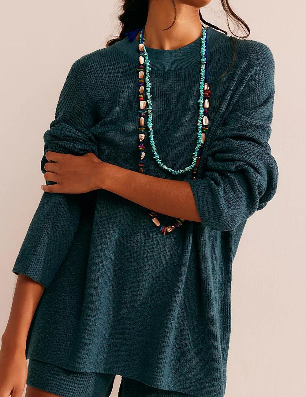 Ladies Solid Color Knit 2PCS Sweater Shorts Set SKST374 - SWEETKAMA