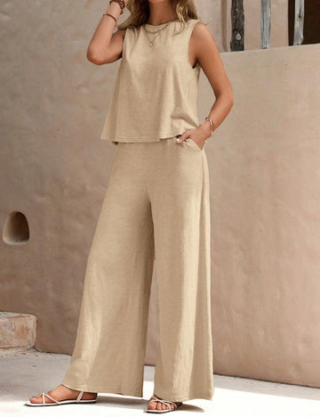 Ladies Solid Color Sleeveless Vest and Pants Sets AXR366 - SWEETKAMA