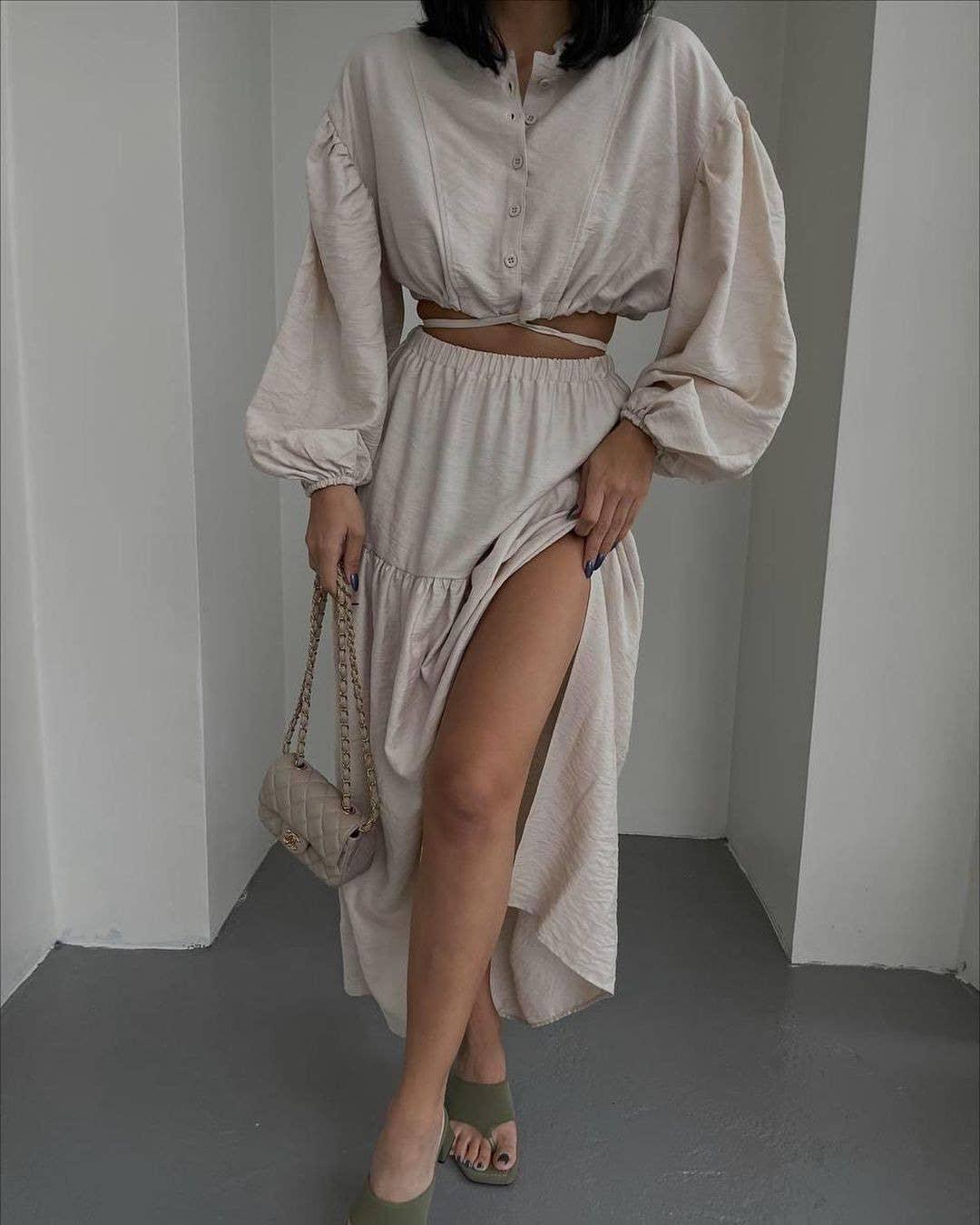 Ladies Solid Color Top & Skirt Set Daily Set TZ8015 - SWEETKAMA